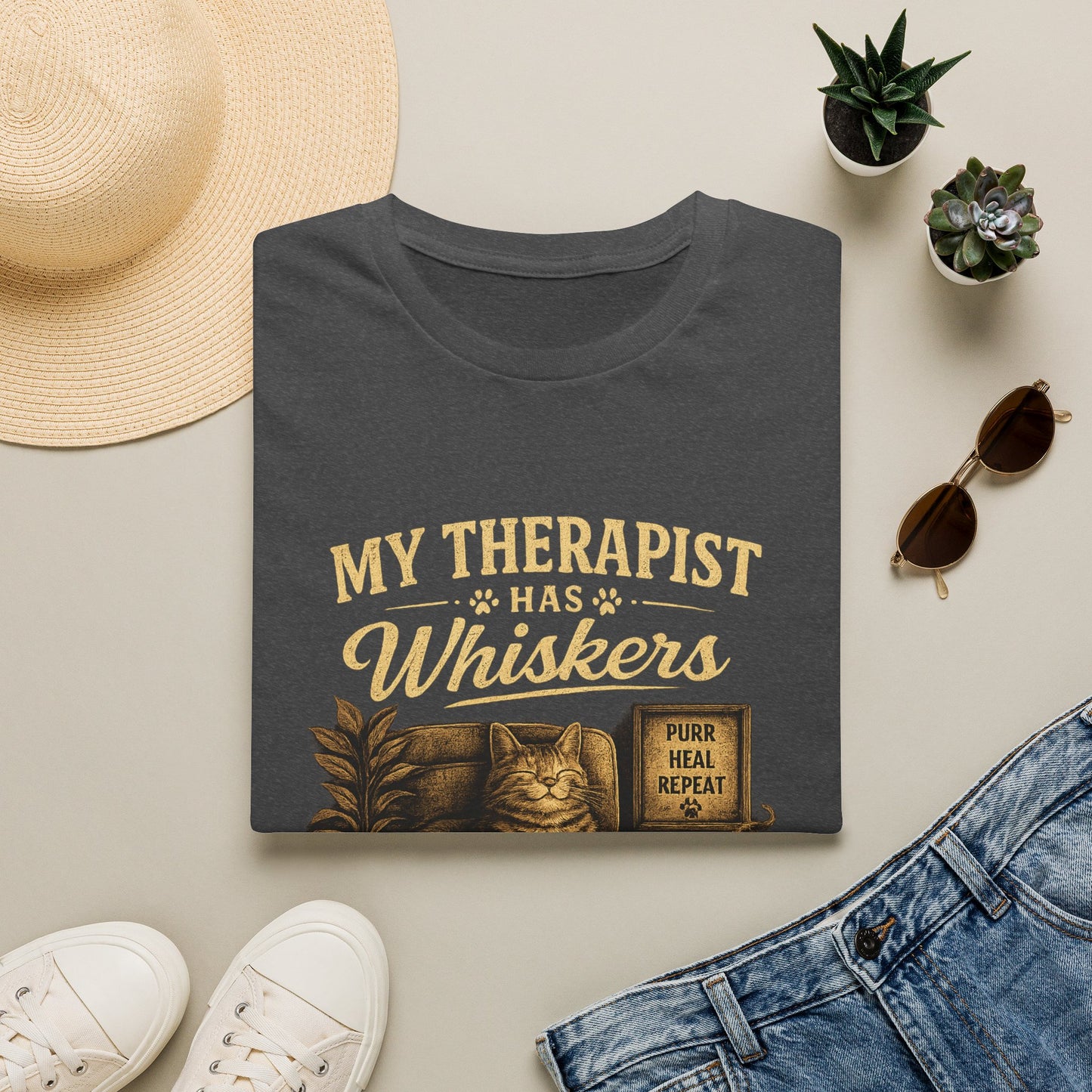 My Therapist Has Whiskers Cat T-Shirt — Funny Cat Lover Tee (Purr Heal Repeat)