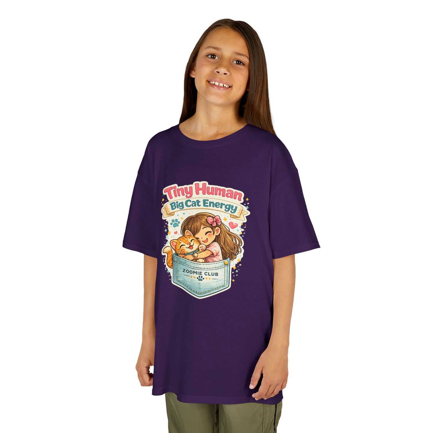 Kids Tee — "Tiny Human, Big Cat Energy" Pocket Kitten Graphic
