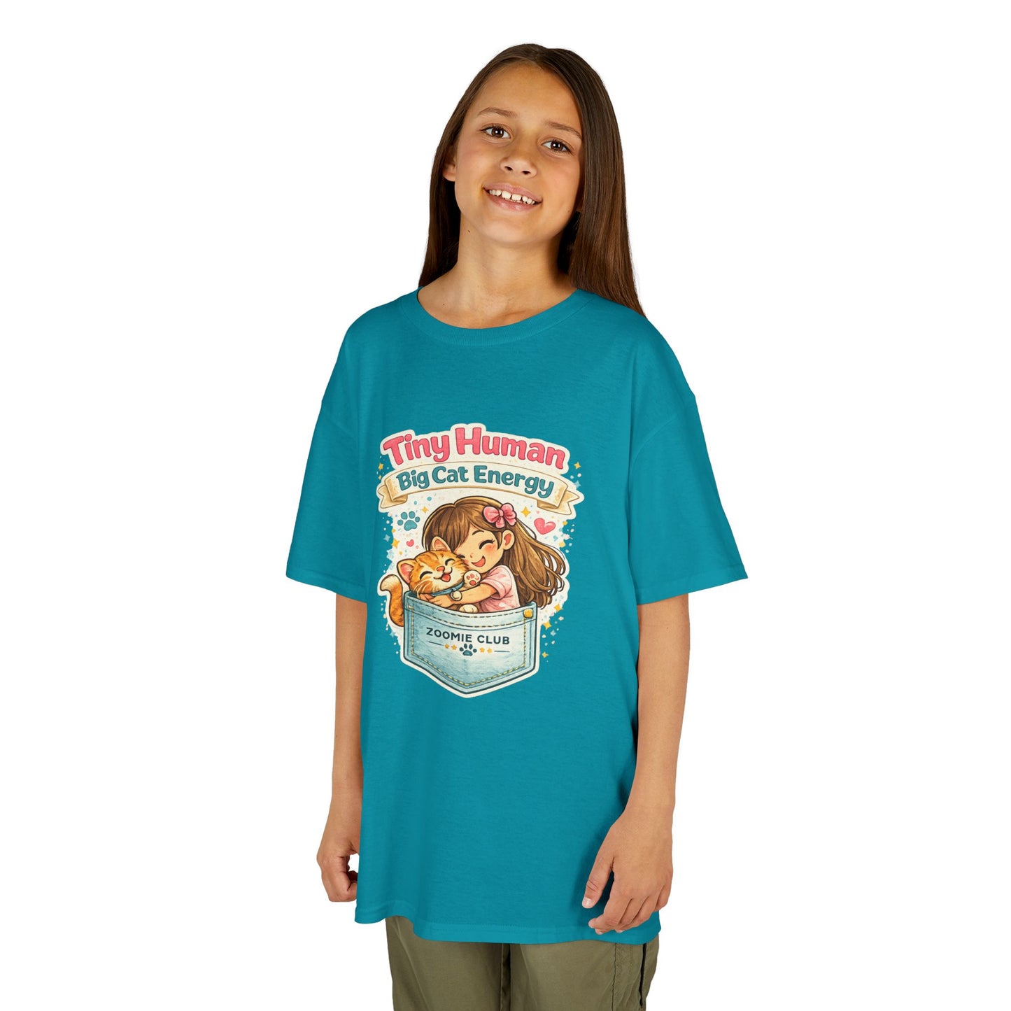 Kids Tee — "Tiny Human, Big Cat Energy" Pocket Kitten Graphic