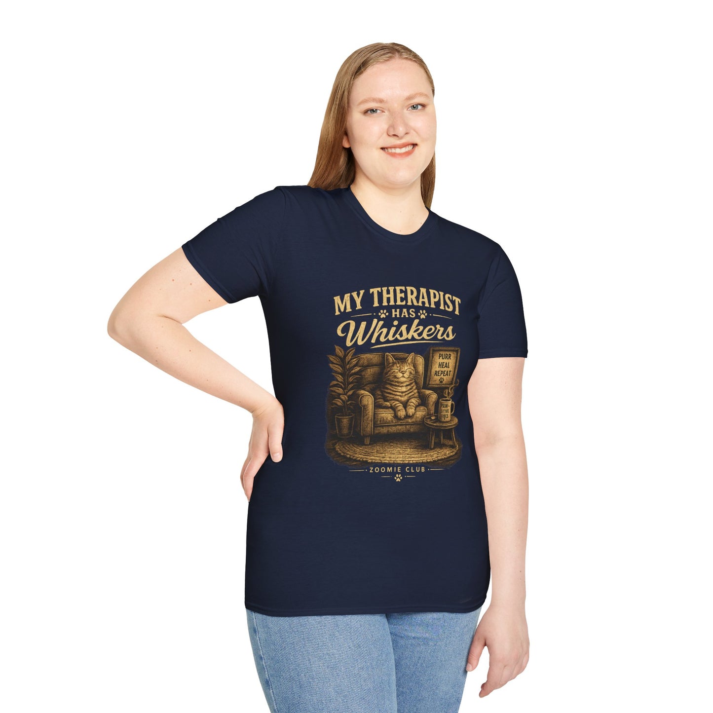 My Therapist Has Whiskers Cat T-Shirt — Funny Cat Lover Tee (Purr Heal Repeat)