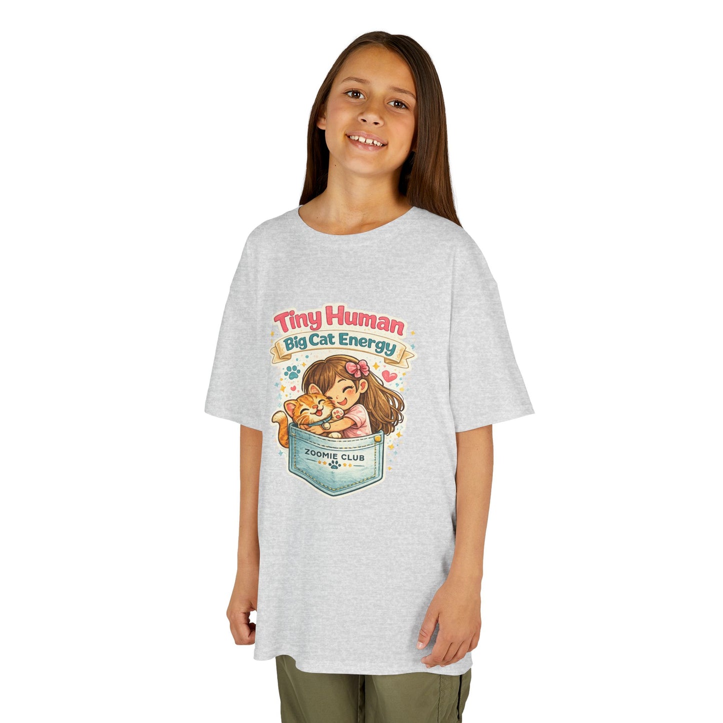 Kids Tee — "Tiny Human, Big Cat Energy" Pocket Kitten Graphic