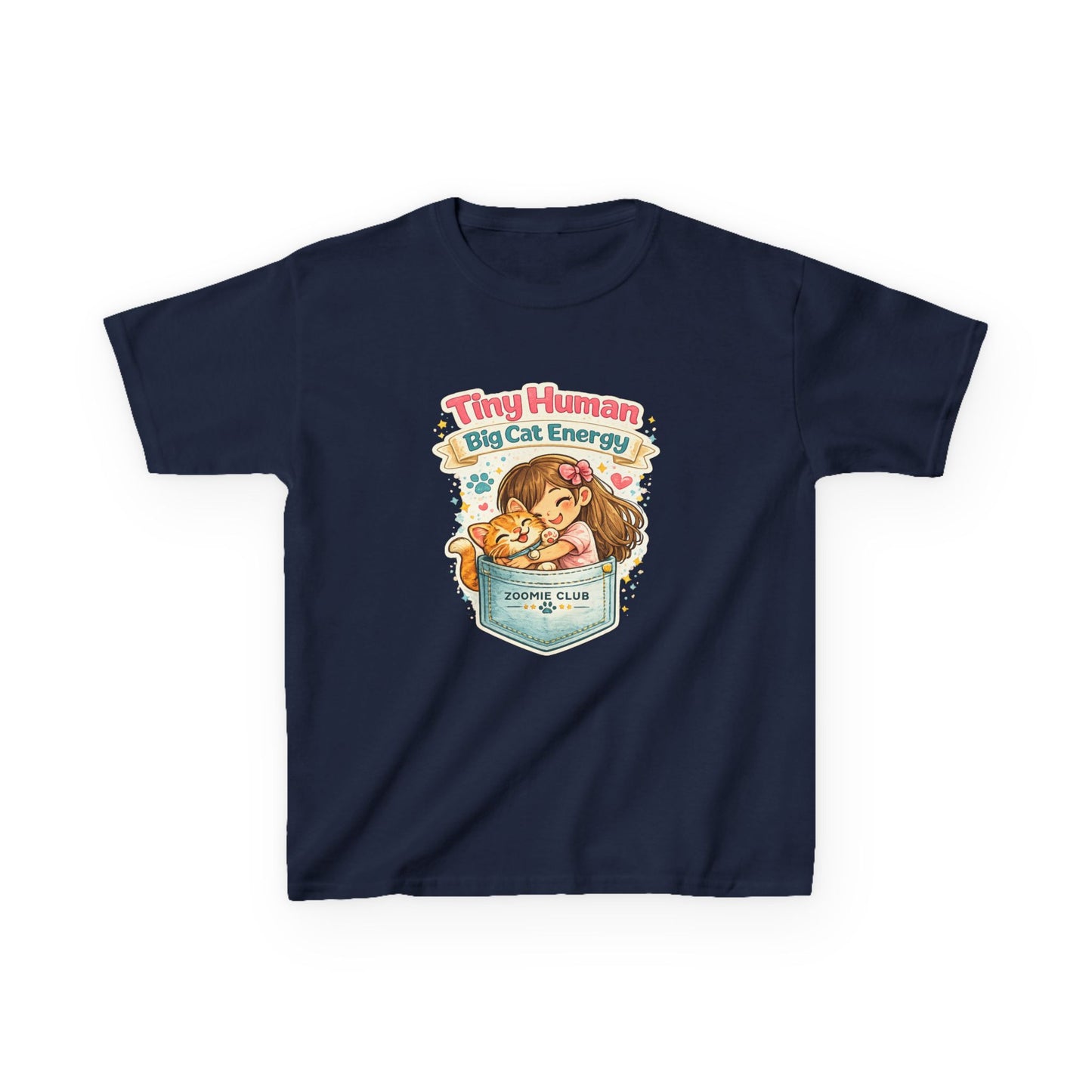 Kids Tee — "Tiny Human, Big Cat Energy" Pocket Kitten Graphic