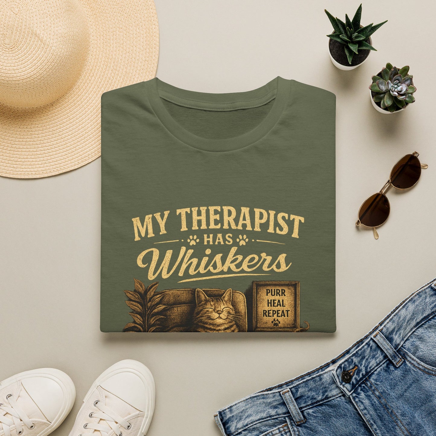 My Therapist Has Whiskers Cat T-Shirt — Funny Cat Lover Tee (Purr Heal Repeat)