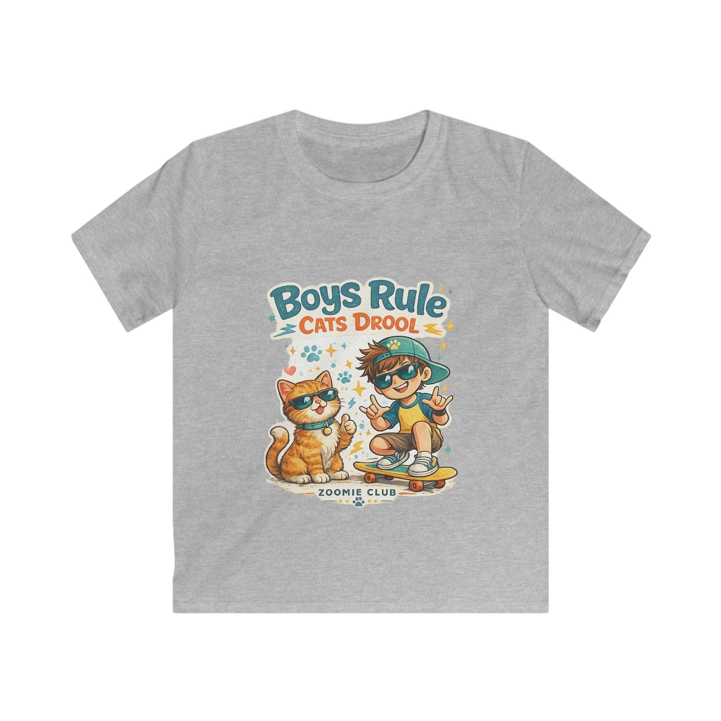 Boys Rule Cats Drool Kids T-Shirt — Cute Skateboard Cat Graphic Tee