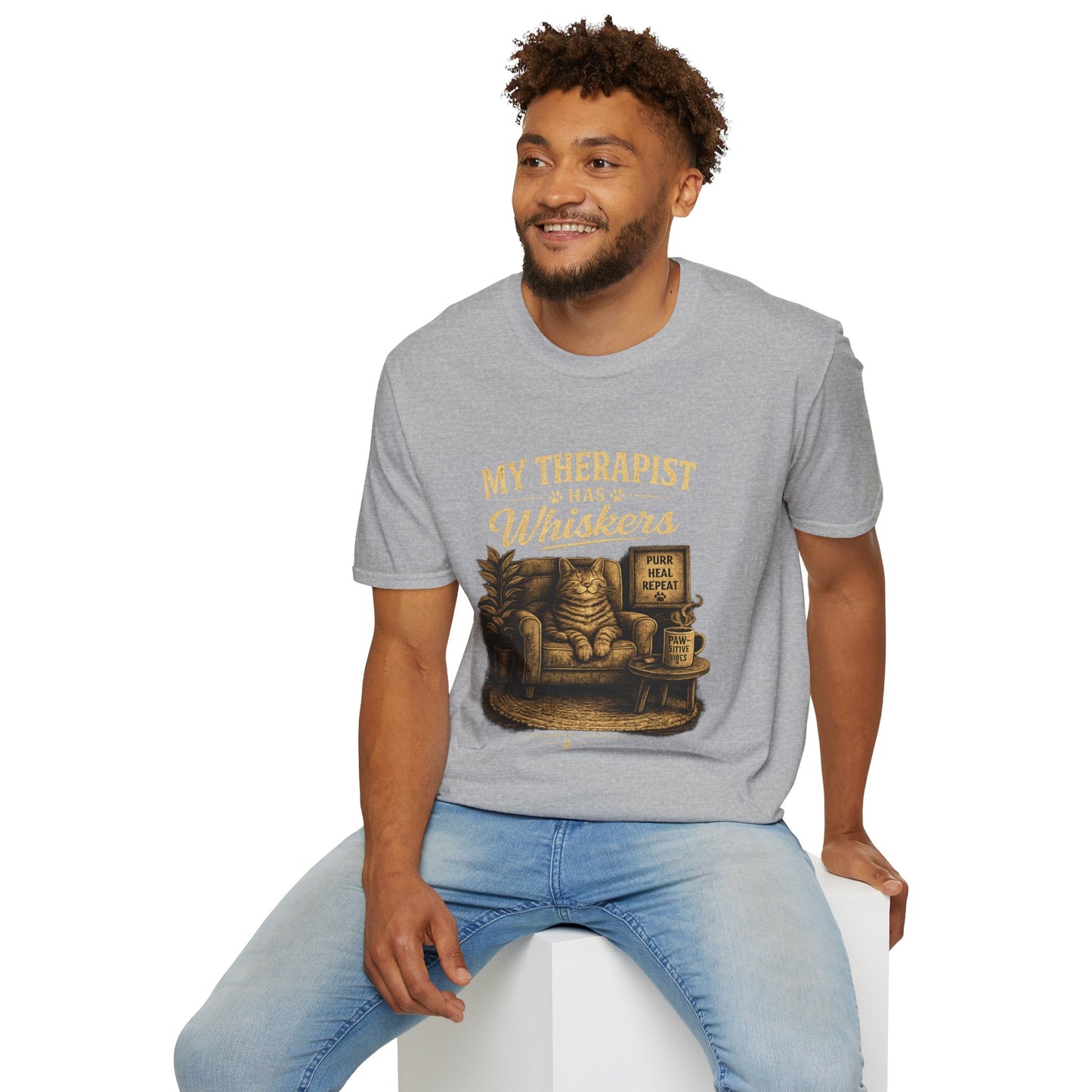 My Therapist Has Whiskers Cat T-Shirt — Funny Cat Lover Tee (Purr Heal Repeat)