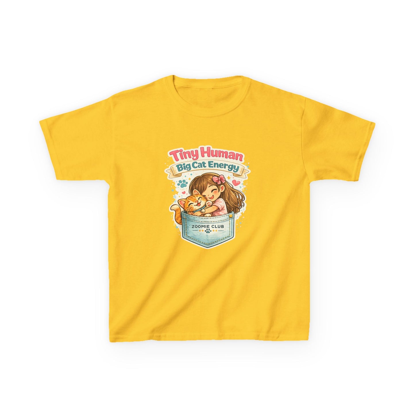 Kids Tee — "Tiny Human, Big Cat Energy" Pocket Kitten Graphic