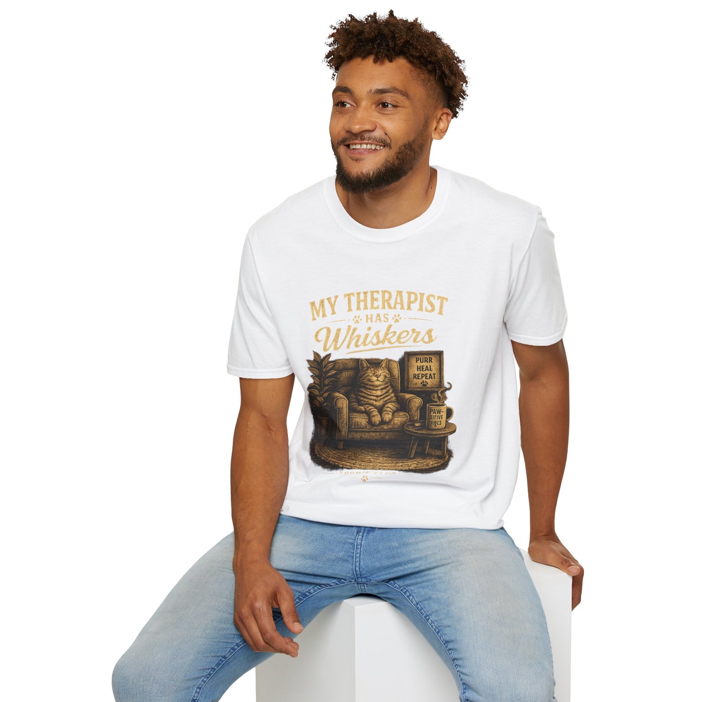 My Therapist Has Whiskers Cat T-Shirt — Funny Cat Lover Tee (Purr Heal Repeat)