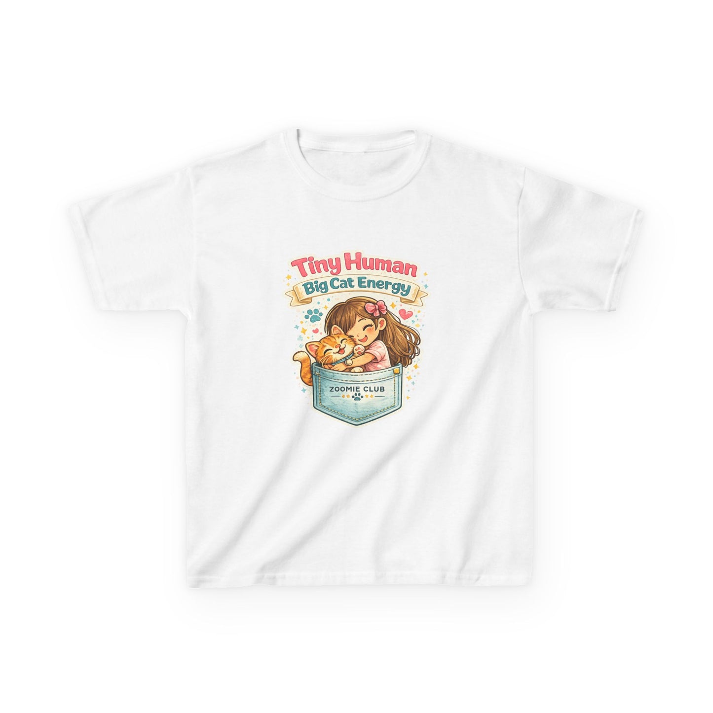 Kids Tee — "Tiny Human, Big Cat Energy" Pocket Kitten Graphic