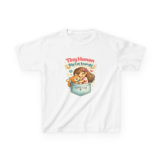 Kids Tee — "Tiny Human, Big Cat Energy" Pocket Kitten Graphic