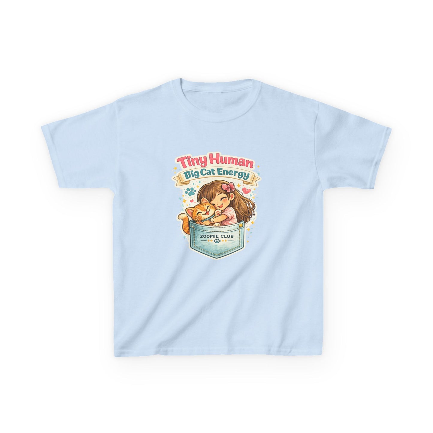 Kids Tee — "Tiny Human, Big Cat Energy" Pocket Kitten Graphic