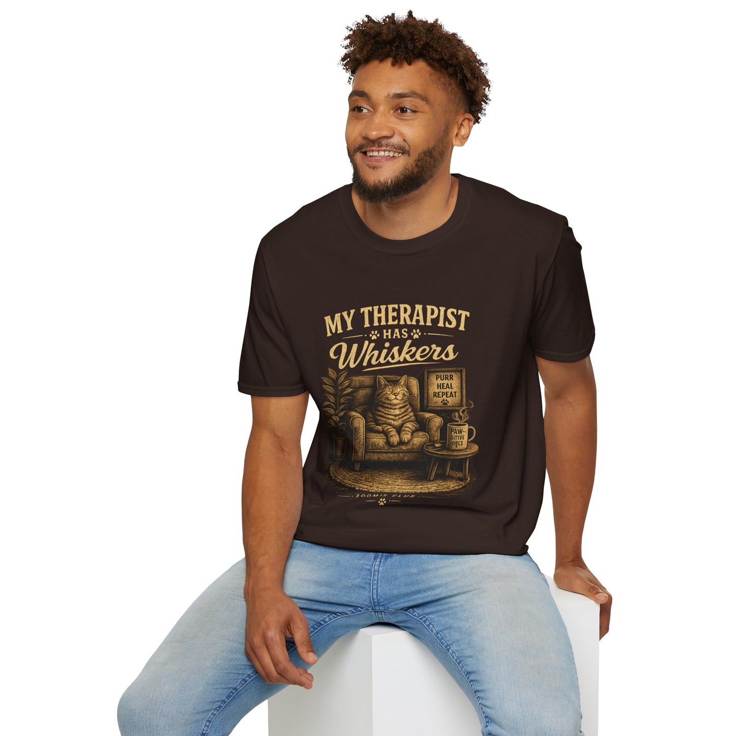 My Therapist Has Whiskers Cat T-Shirt — Funny Cat Lover Tee (Purr Heal Repeat)