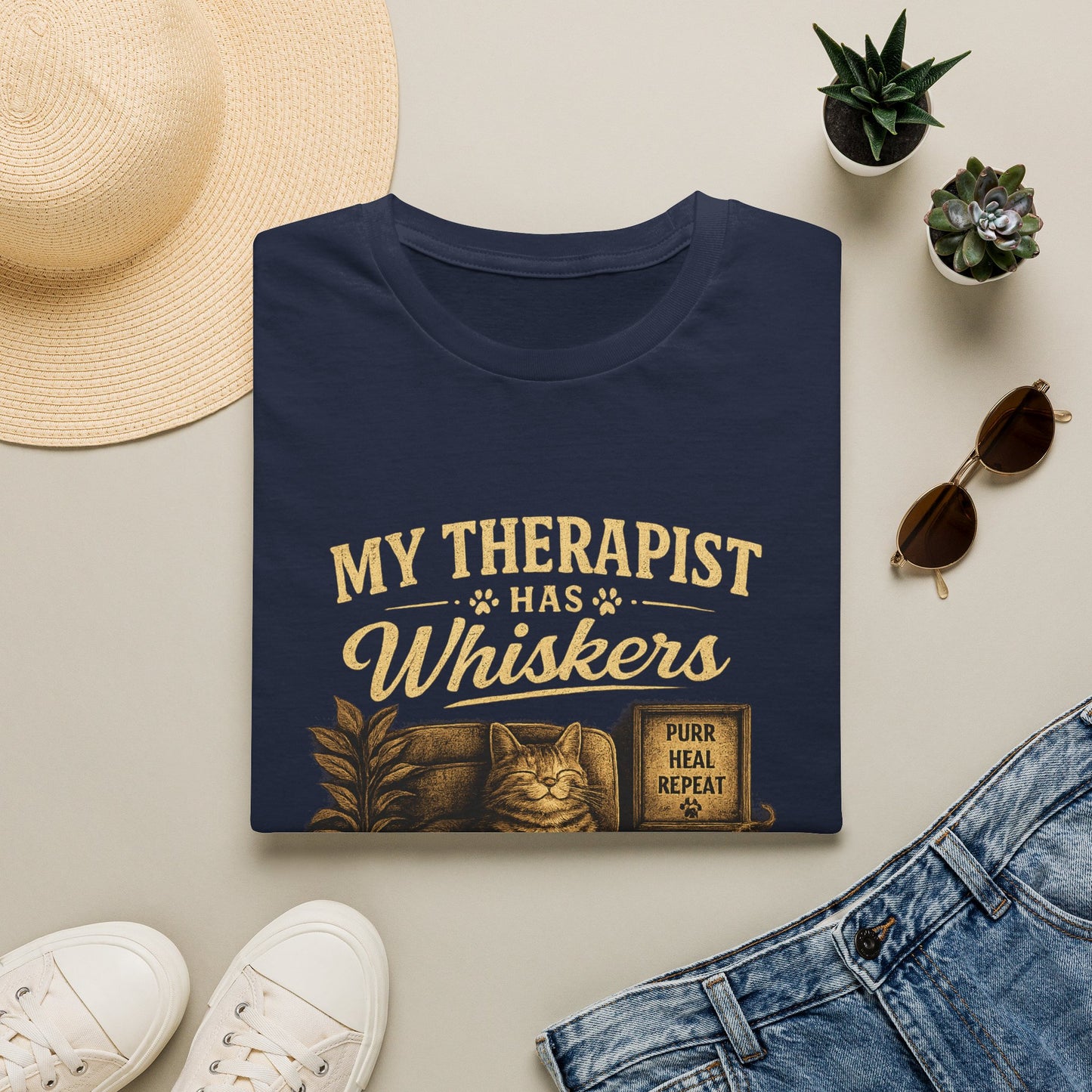 My Therapist Has Whiskers Cat T-Shirt — Funny Cat Lover Tee (Purr Heal Repeat)