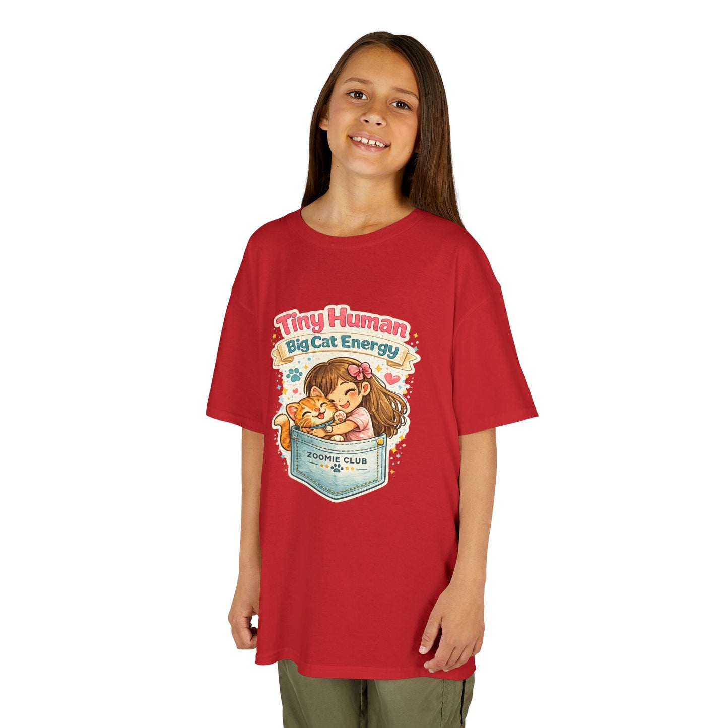 Kids Tee — "Tiny Human, Big Cat Energy" Pocket Kitten Graphic
