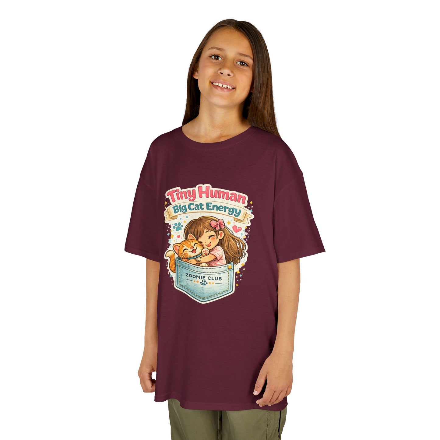 Kids Tee — "Tiny Human, Big Cat Energy" Pocket Kitten Graphic