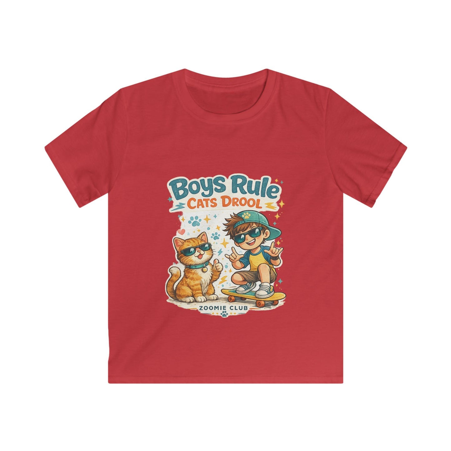 Boys Rule Cats Drool Kids T-Shirt — Cute Skateboard Cat Graphic Tee