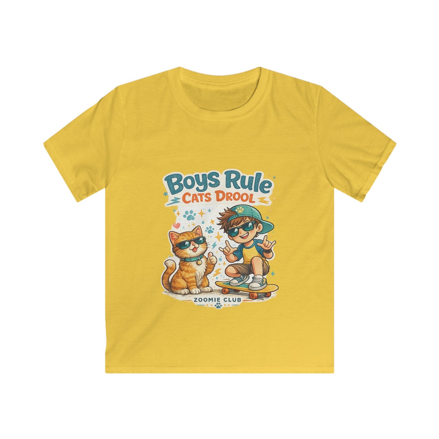 Boys Rule Cats Drool Kids T-Shirt — Cute Skateboard Cat Graphic Tee