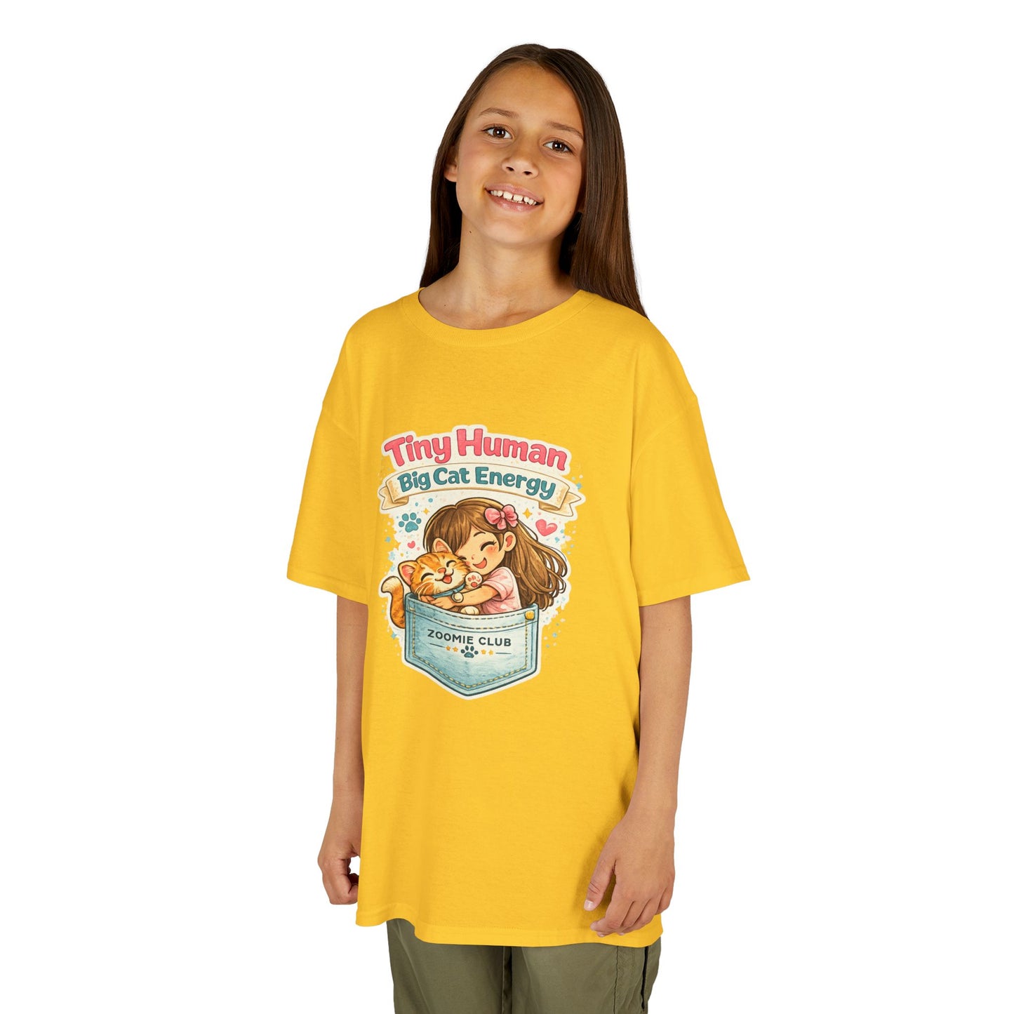 Kids Tee — "Tiny Human, Big Cat Energy" Pocket Kitten Graphic