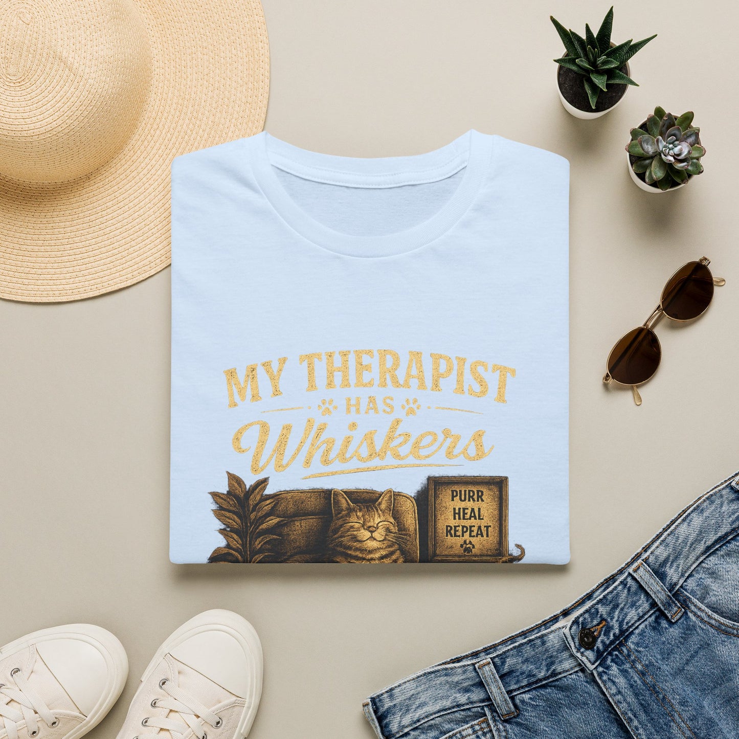 My Therapist Has Whiskers Cat T-Shirt — Funny Cat Lover Tee (Purr Heal Repeat)