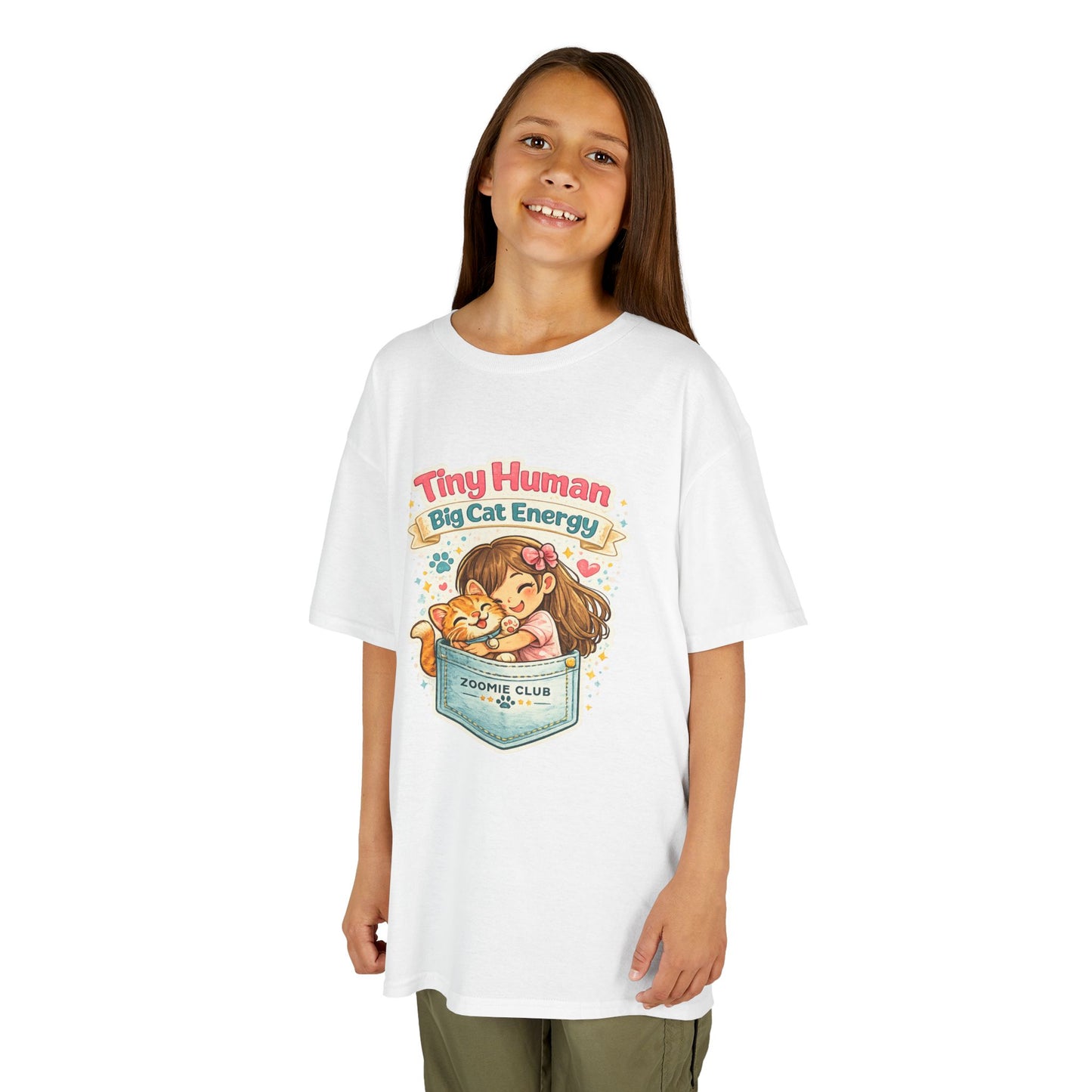 Kids Tee — "Tiny Human, Big Cat Energy" Pocket Kitten Graphic