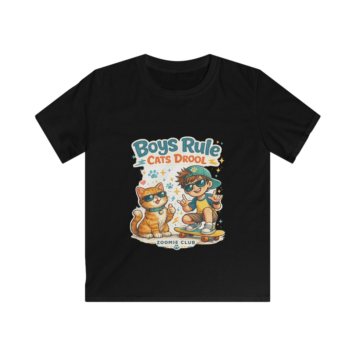 Boys Rule Cats Drool Kids T-Shirt — Cute Skateboard Cat Graphic Tee
