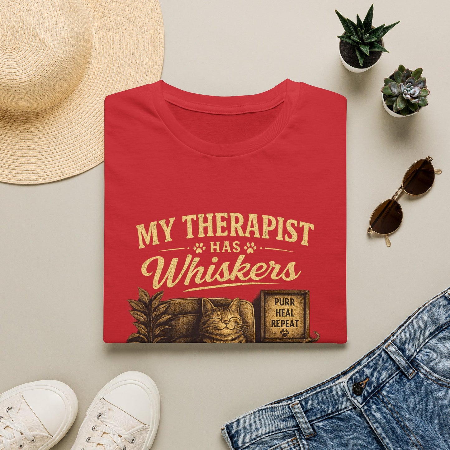 My Therapist Has Whiskers Cat T-Shirt — Funny Cat Lover Tee (Purr Heal Repeat)