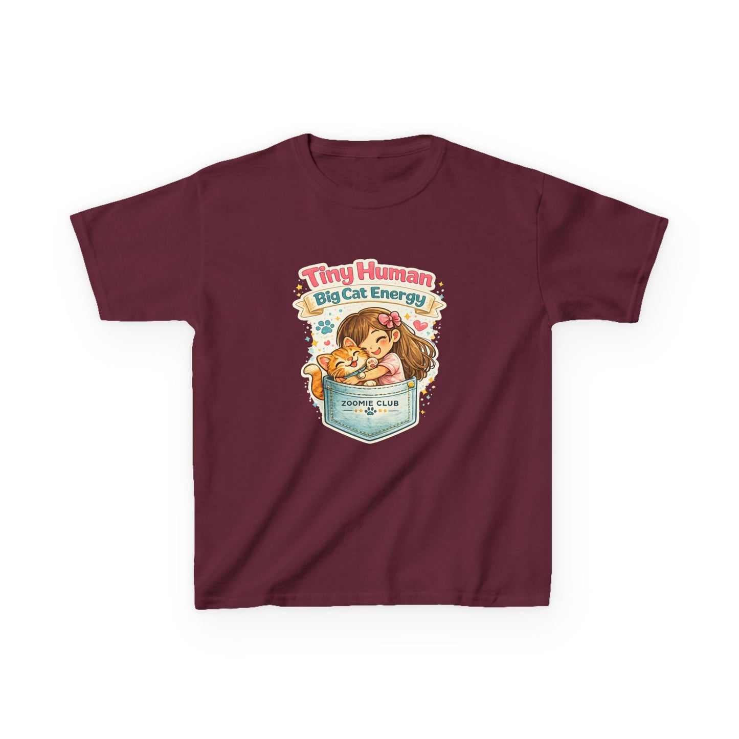 Kids Tee — "Tiny Human, Big Cat Energy" Pocket Kitten Graphic