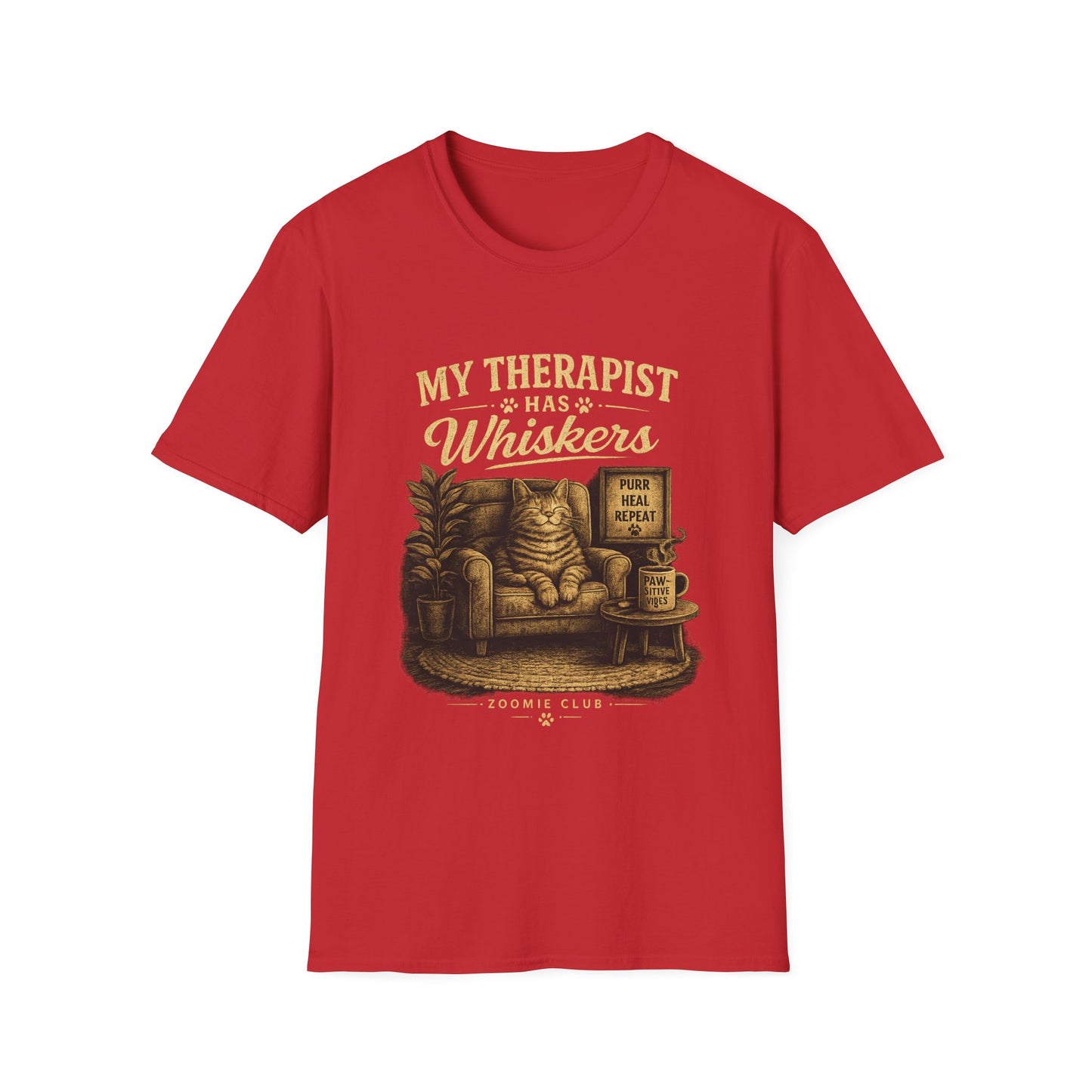 My Therapist Has Whiskers Cat T-Shirt — Funny Cat Lover Tee (Purr Heal Repeat)