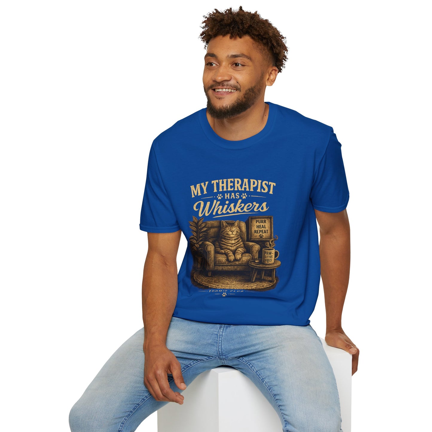 My Therapist Has Whiskers Cat T-Shirt — Funny Cat Lover Tee (Purr Heal Repeat)