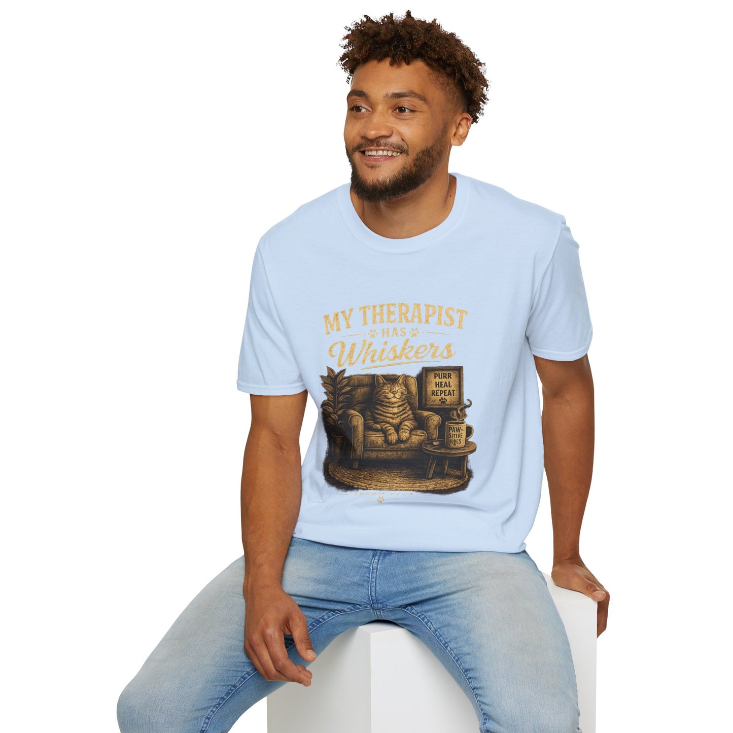 My Therapist Has Whiskers Cat T-Shirt — Funny Cat Lover Tee (Purr Heal Repeat)