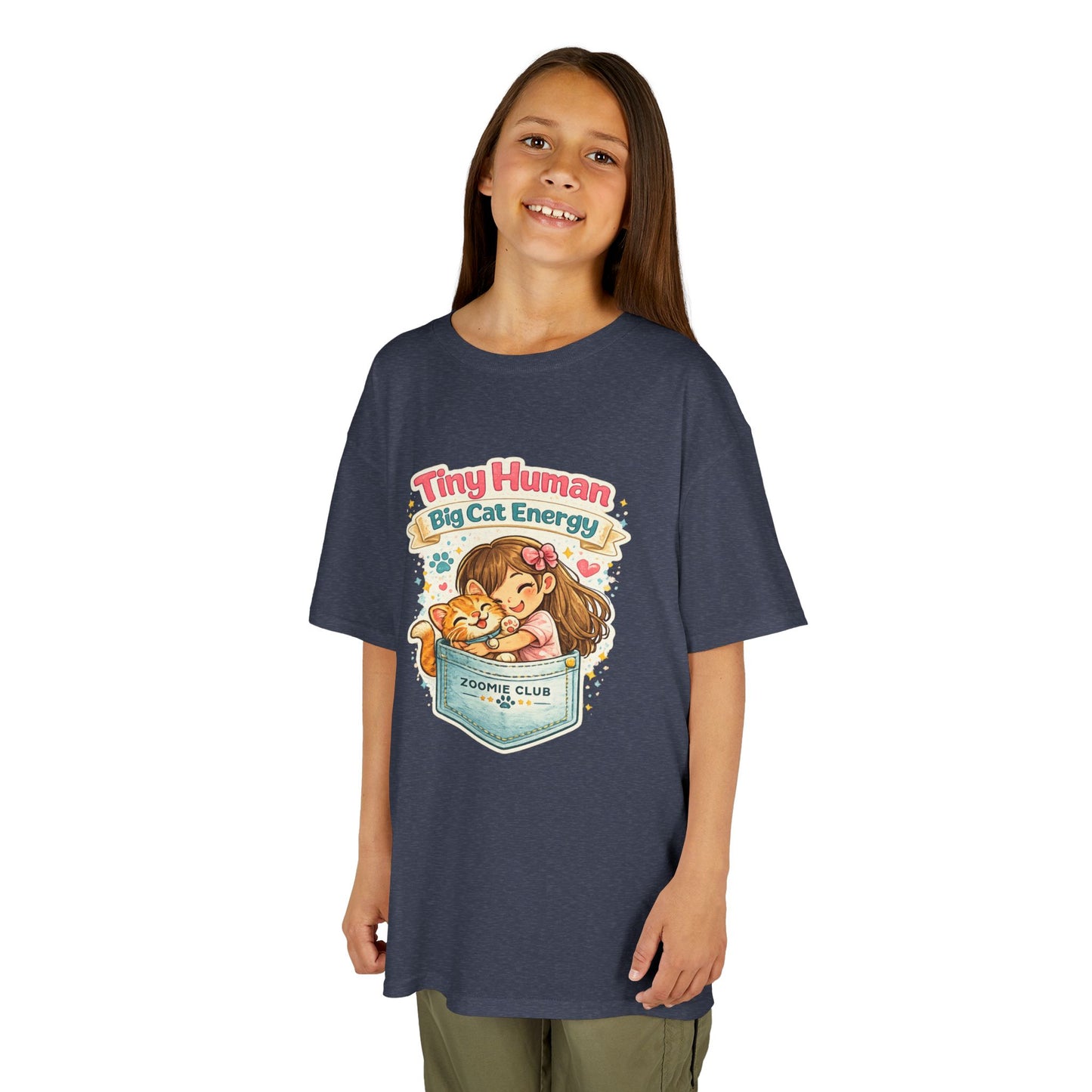 Kids Tee — "Tiny Human, Big Cat Energy" Pocket Kitten Graphic