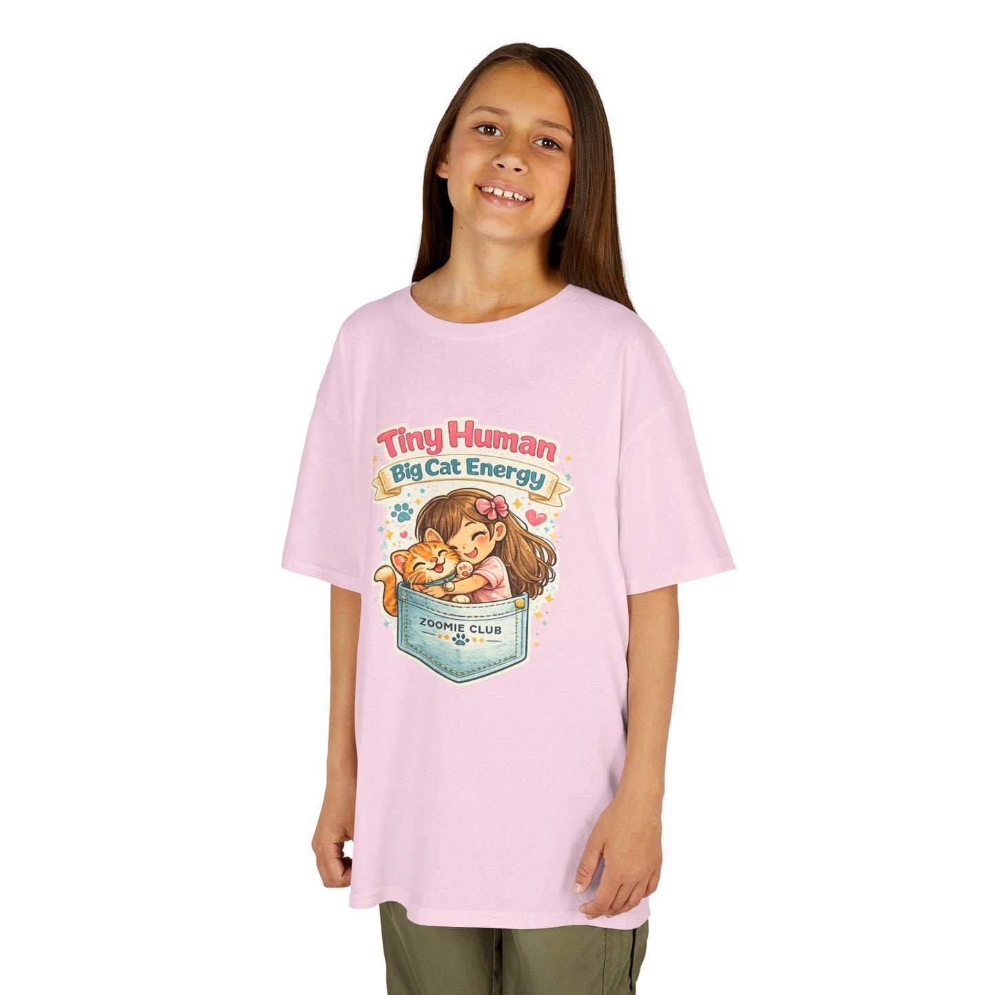 Kids Tee — "Tiny Human, Big Cat Energy" Pocket Kitten Graphic
