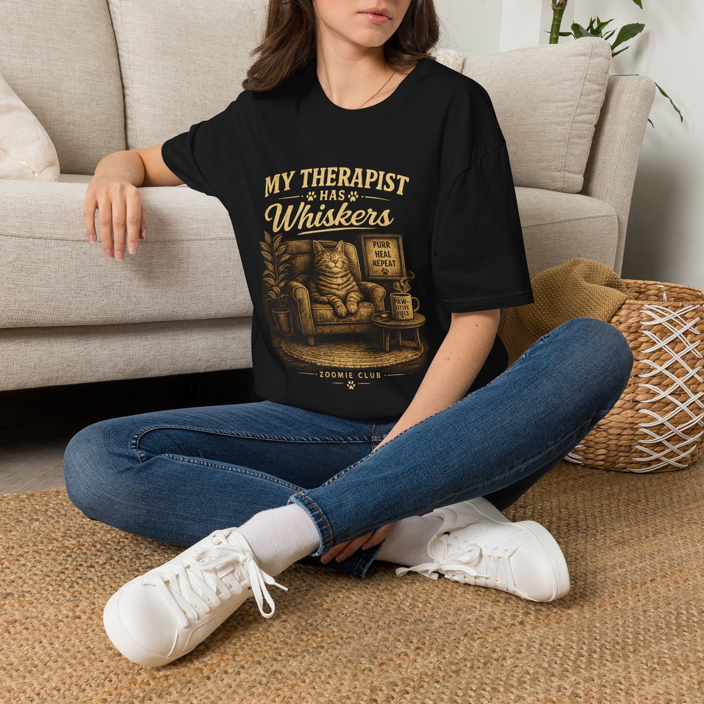 My Therapist Has Whiskers Cat T-Shirt — Funny Cat Lover Tee (Purr Heal Repeat)