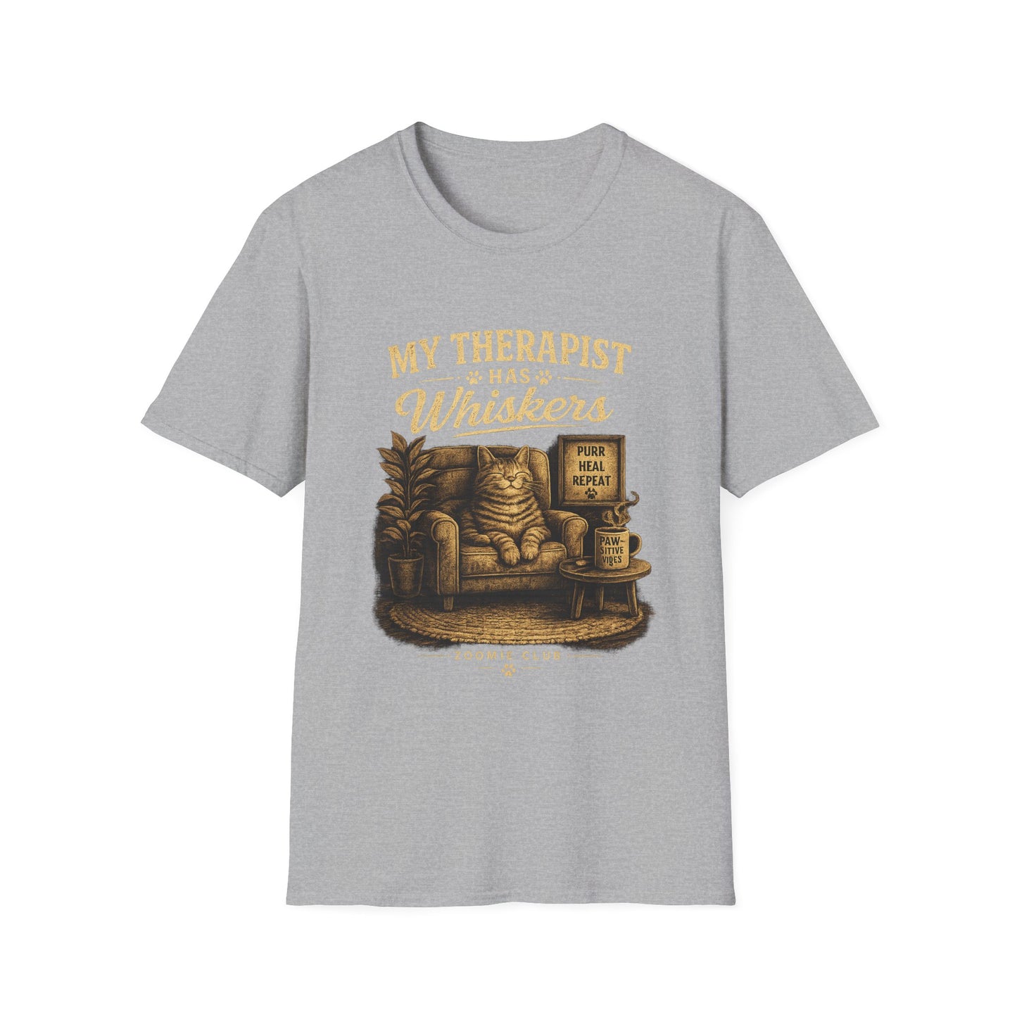 My Therapist Has Whiskers Cat T-Shirt — Funny Cat Lover Tee (Purr Heal Repeat)