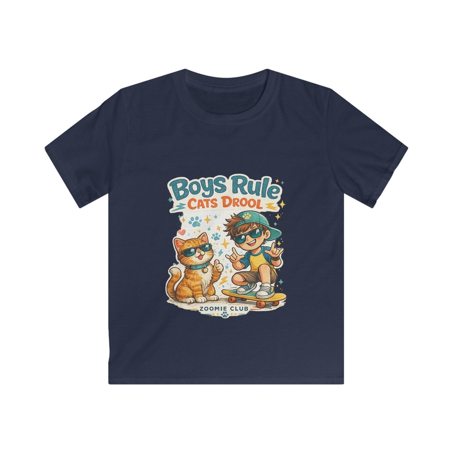 Boys Rule Cats Drool Kids T-Shirt — Cute Skateboard Cat Graphic Tee