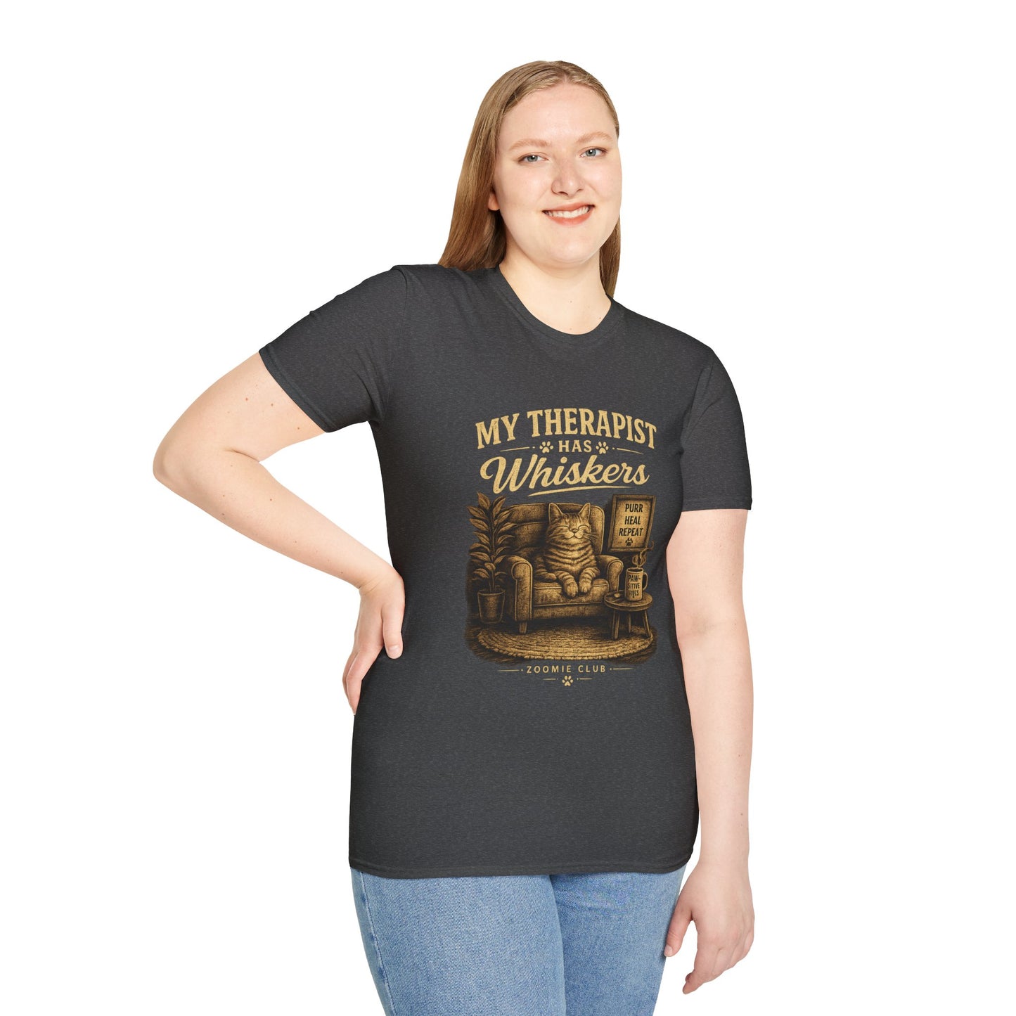 My Therapist Has Whiskers Cat T-Shirt — Funny Cat Lover Tee (Purr Heal Repeat)