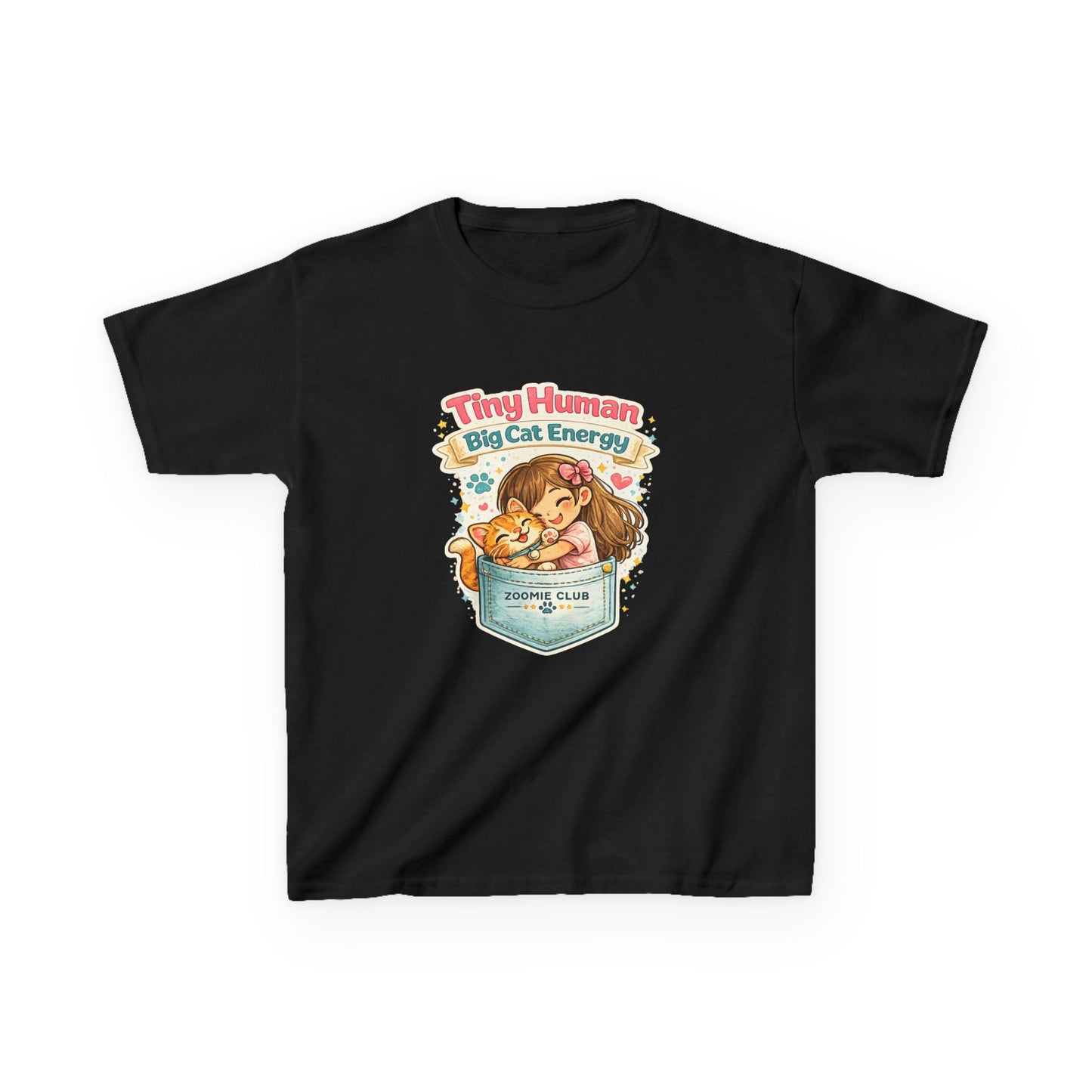 Kids Tee — "Tiny Human, Big Cat Energy" Pocket Kitten Graphic